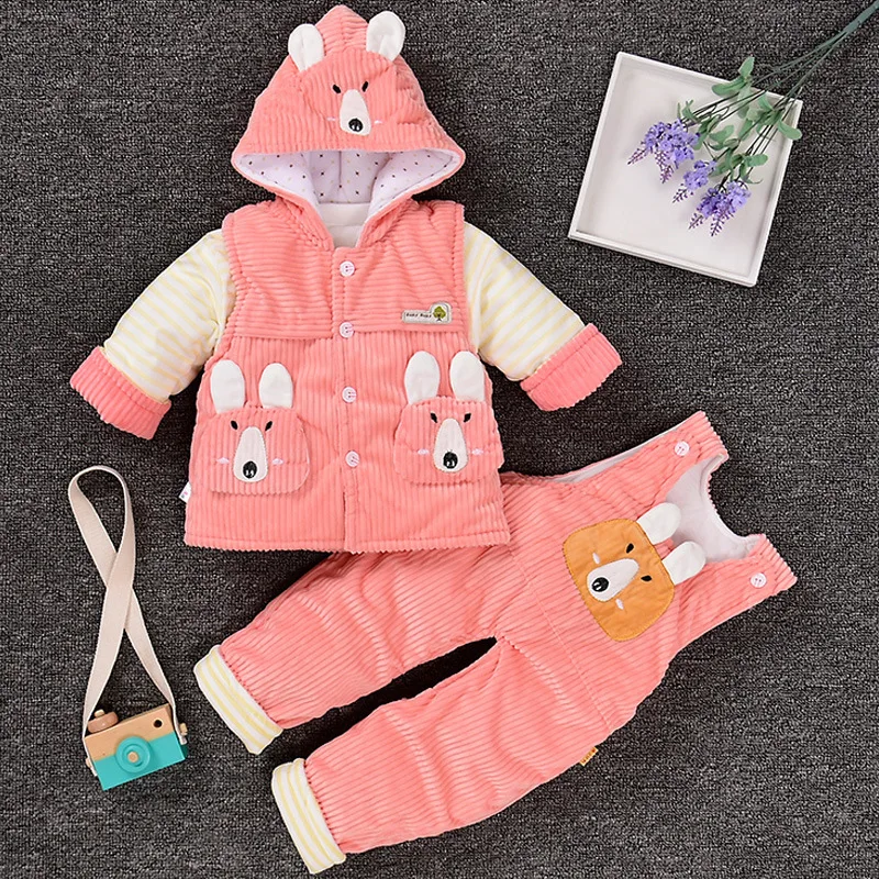 pink Комплекты одежды для девочек зимний комплект из 3 предметов для маленьких детей, хлопковый утепленный жилет с капюшоном+ топ+ штаны для маленьких мальчиков, теплый костюм - Цвет: pink