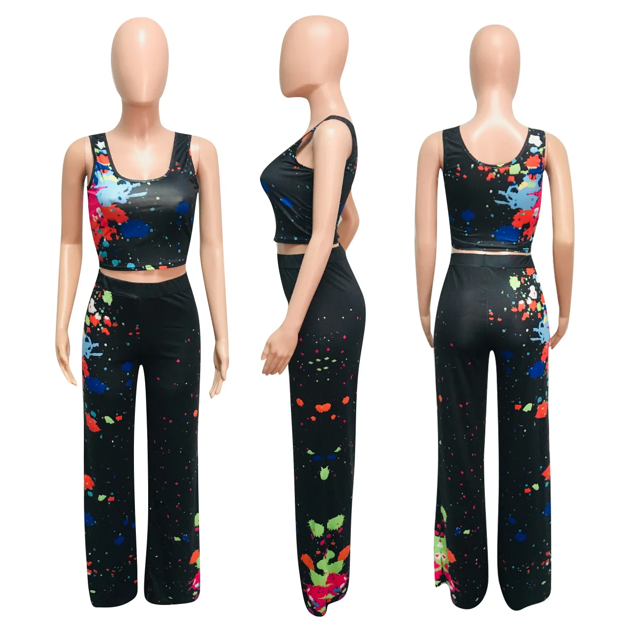 

Solid Color Graffiti Print Tank Top & Flare Pants New Autumn Woman Jumpsuit Hot Style Model Rompers Outfits