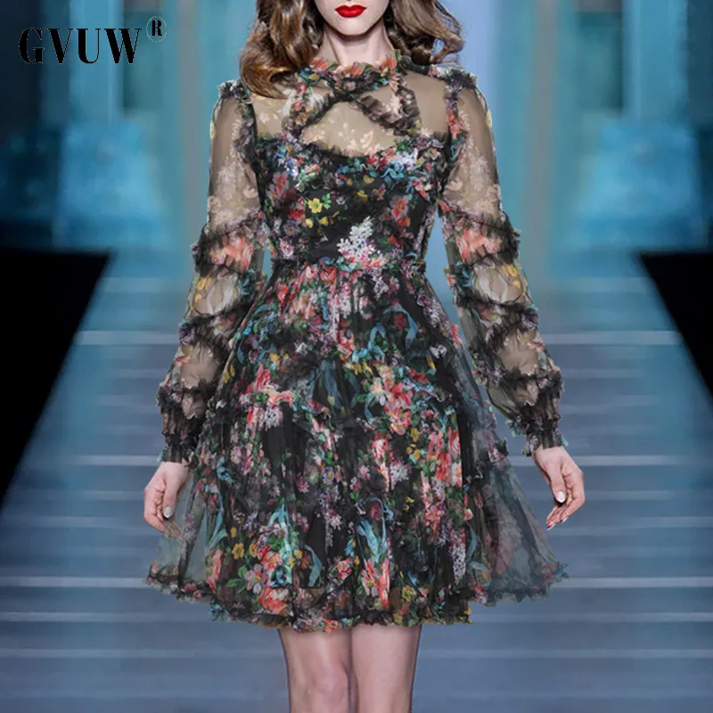 

GVUW Stand Collar Screen Printing Perspective Lantern Long Sleeve Ruffle Hem Waist Puffy Big Swing Short Dress Summer KB8325