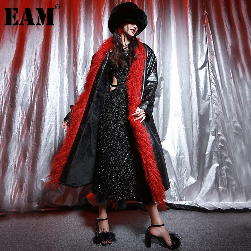 

[EAM] Свободная кожаная Длинная шерстяная куртка большого размера, Новое Женское пальто с v-образным вырезом и длинными рукавами, модная демис...