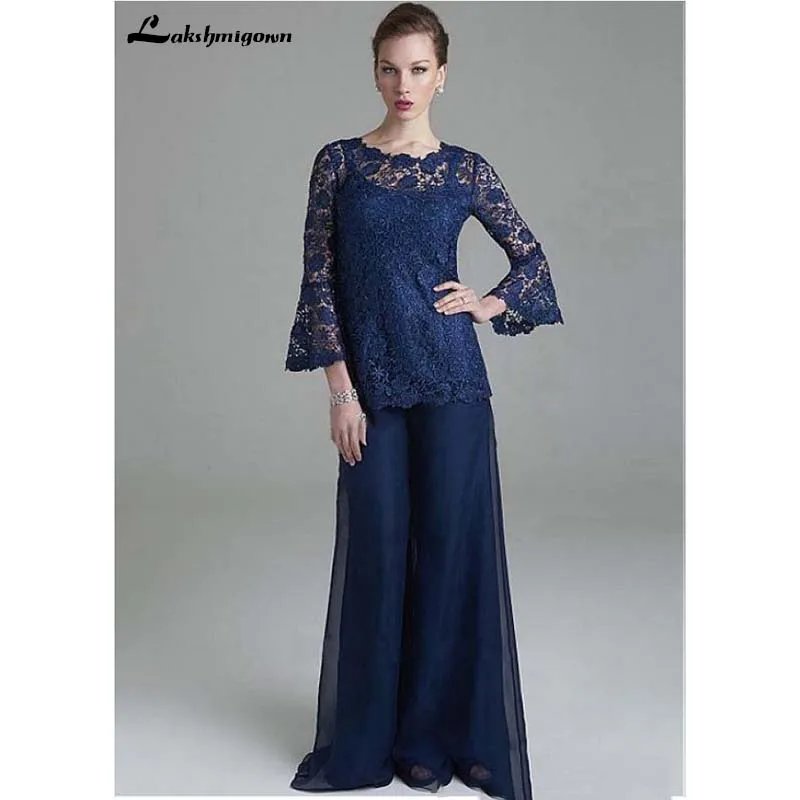 

Purple Lace Mother Of The Bride Pant Suits Jewel Neck Long Sleeves Wedding Guest Dress Plus Size Chiffon Mothers Groom Dress