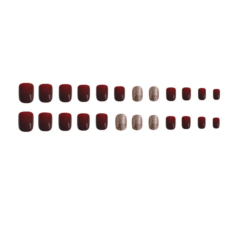 

24pcs Fake Nails With Glue Burgundy Brilliant Gold Wear Short Paragraph Fashion Manicure False Nails Wearable Nail Patch DW