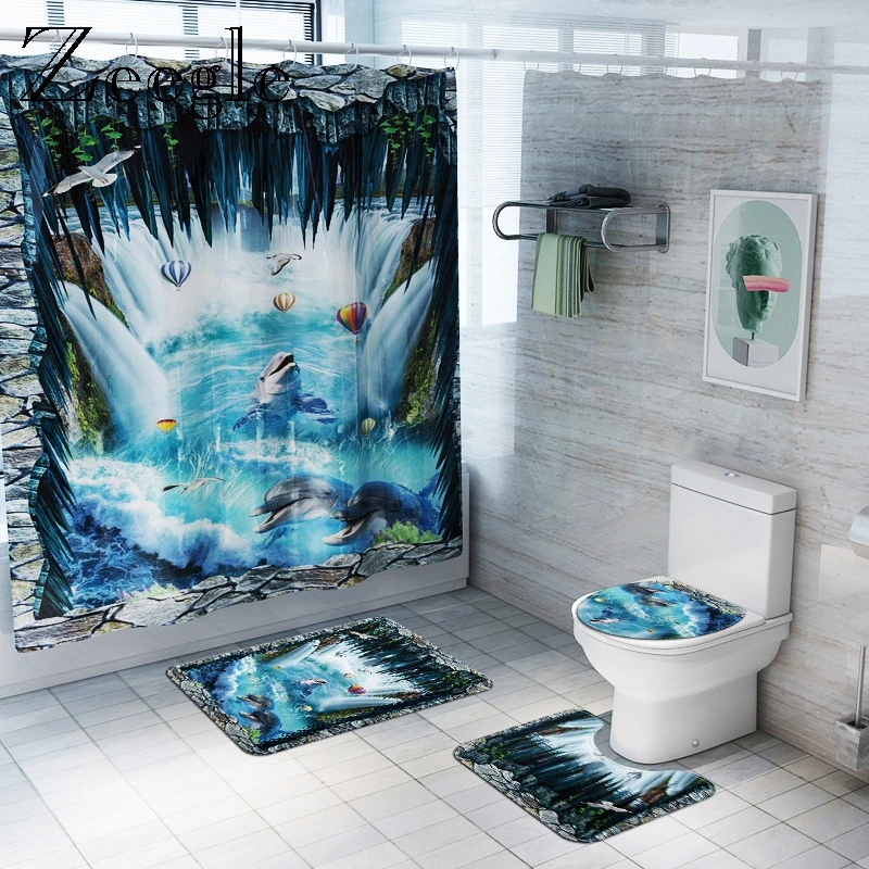 Ванная комната Ковер Душ занавес 3D Дельфин Bath Mat Set Waterproof ванной комнаты фланель