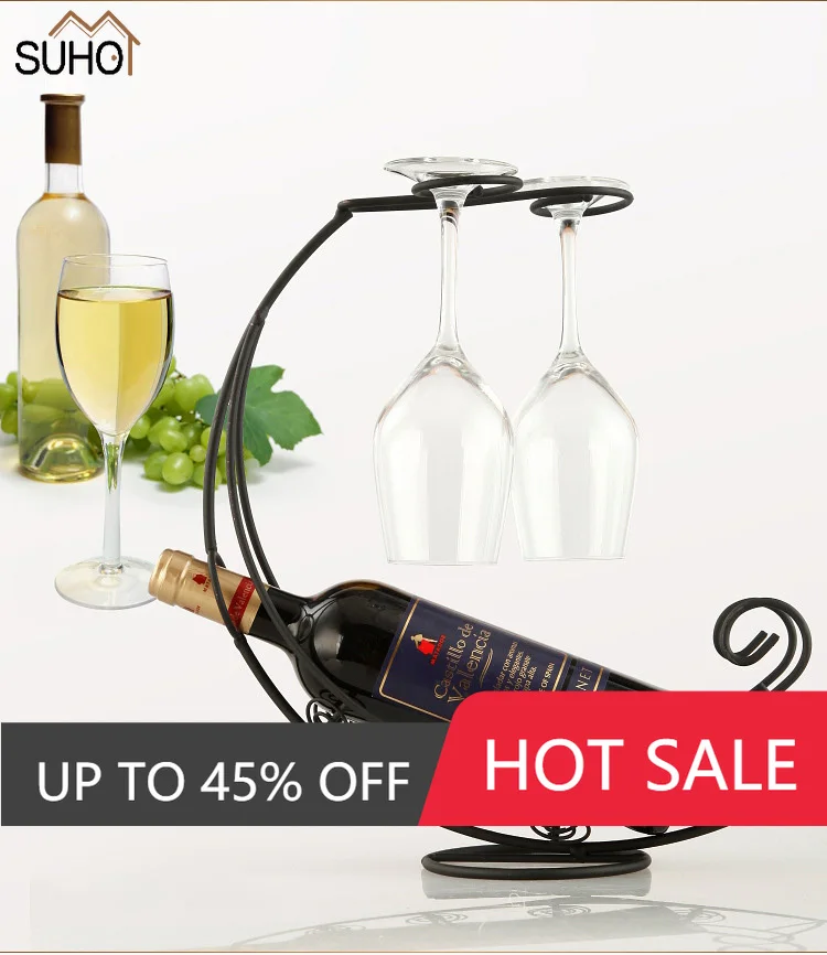 

Vintage Tabletop Wine Rack Stemware Holder Holds 1 Bottle and 2 Glasses Creative Freestanding Countertop Wine Glass Display Rack