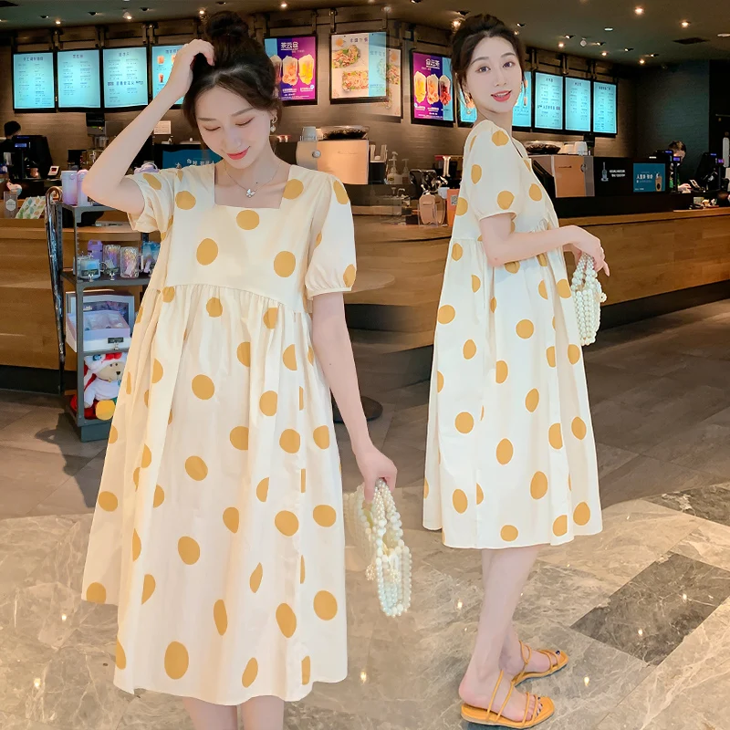 

Summer Midi Dress Maternity Dress 2021 Short Sleeve Loose Skirt Cute Dot Printed Fold Dress Clothing Women