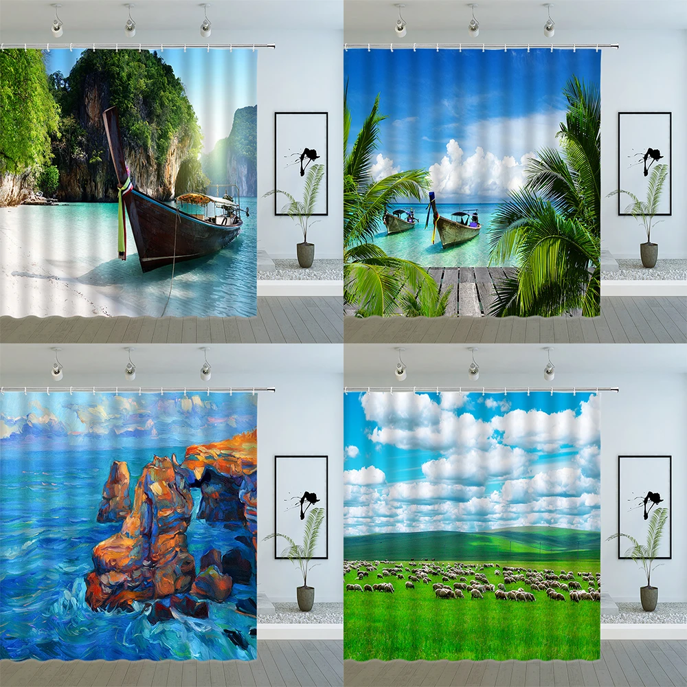 Штора для душа с пейзажем океана тропические растения листья зеленая луга овца