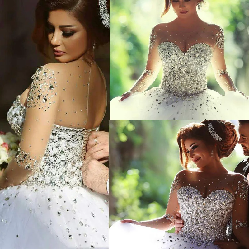 

New Luxury Crystals Long Sleeve Sexy Ball Gowns White Wedding Dress 2021 Rhinestones Lace-up Back Arabic Wedding Gown Sheer Neck