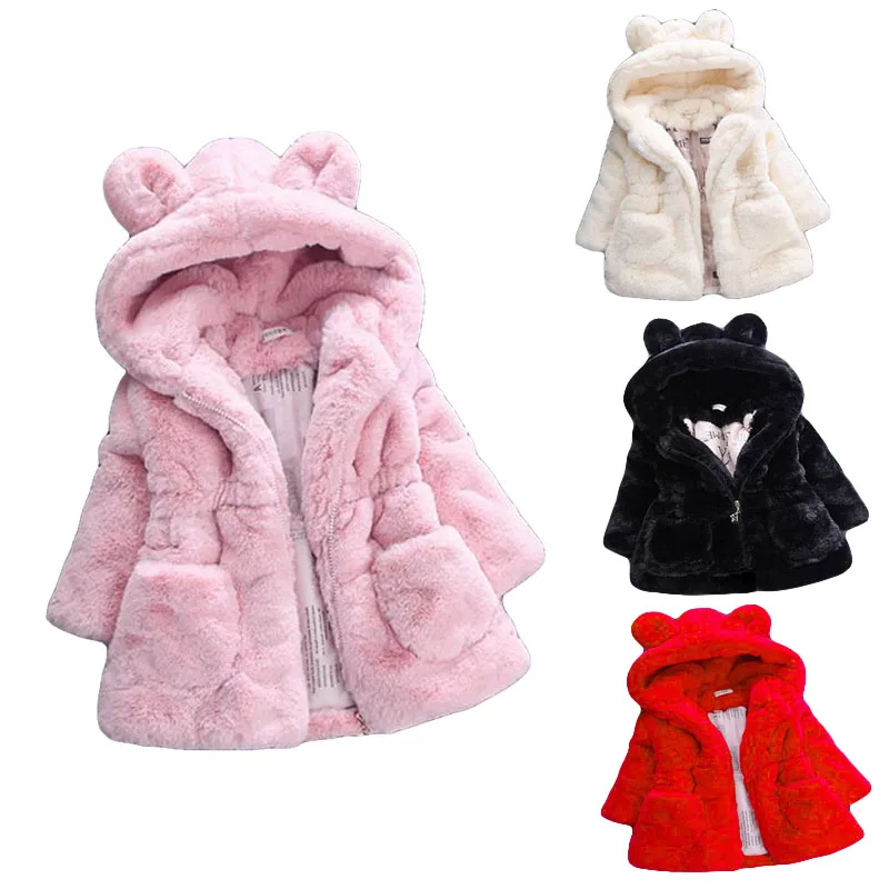 

Одежда для маленьких девочек, теплое меховое пальто, Зимний новый шерстяной свитер для девочек, меховая стеганая куртка с большими ушками, модная утепленная верхняя одежда, детское пальто