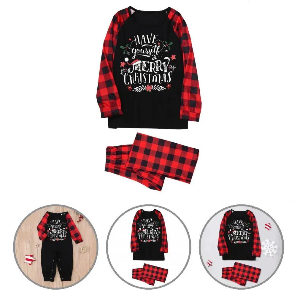 

Attractive Loose Fit Long Pants Merry Christmas Letter Print Xmas Pajamas Set Parent-child Outfit Xmas Pajamas Set