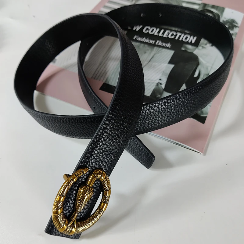 

Ремень для мужчин и женщин, черный пояс со змеиной пряжкой