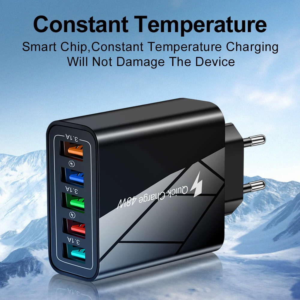 48W 5 USB Charger Quickly Fast Charging Universal Wall QC3.0 Adapter for iPhone 12 Xiaomi HuaWei Mate 40 Samsung | Мобильные