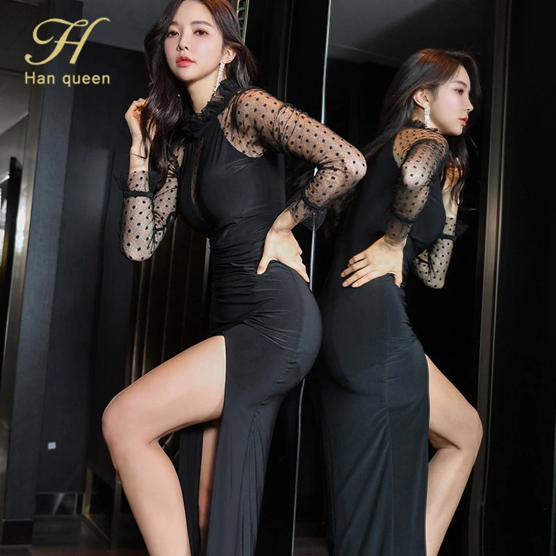 H Han Queen Hot Sale Sexy Split Stitch Perspective Long Dress Korean Spring Bodycon Vestidos Evening Party Sheath Dresses Women | Женская
