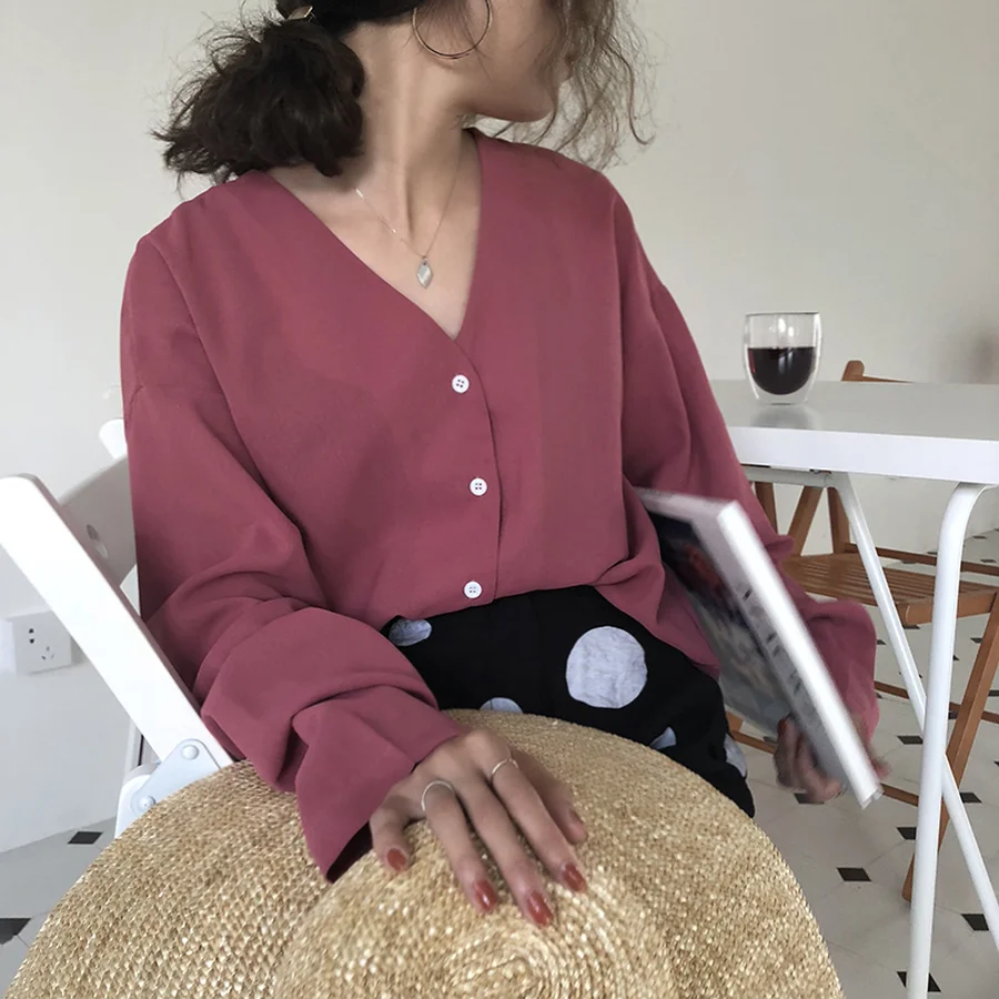 Однотонная женская однобортная шифоновая блузка DISWEET рубашка с V-образным