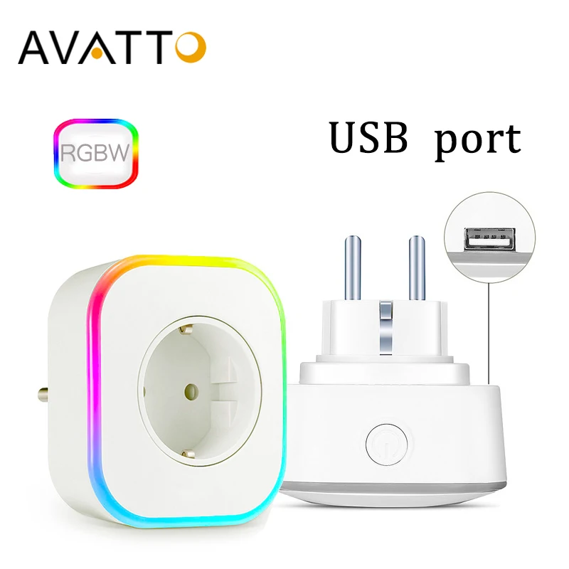 AVATTO ЕС RGBW wifi умная вилка с 1 usb зарядным портом, Беспроводная розетка умная розетка с Google Home, голосовое управление Alexa