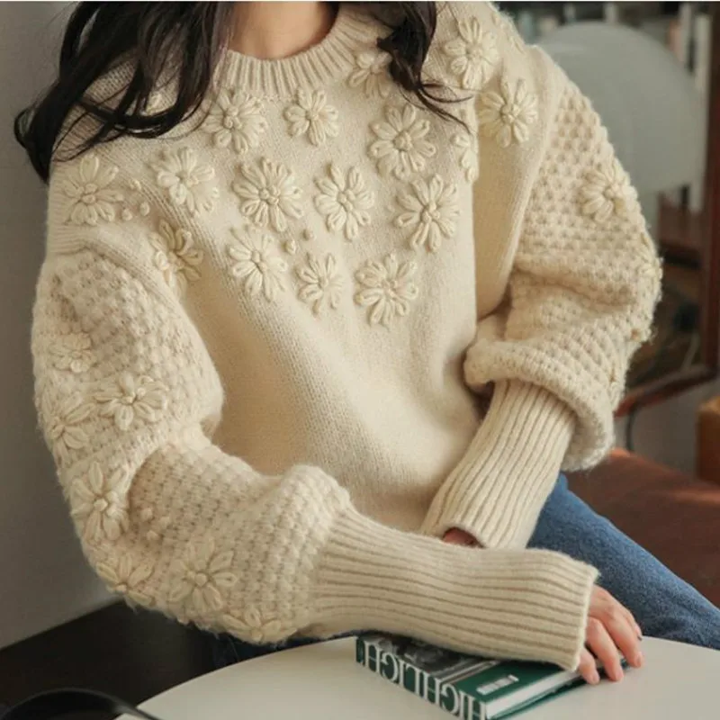 

Eliasha Lantern Long Sleeves Loose Knit Jumper Women Sweaters Pullovers 2020 Winter Warm Vintage Floral Emboidered Boho Sweaters