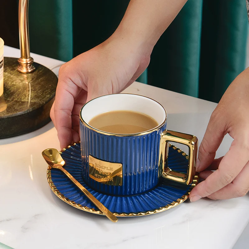 Ceramics Golden Handle Stripe Coffee Cup And Saucer Set With Spoon Breakfast Milk Juice Drink Mug Afternoon Tea Water Ware Gift | Дом и сад