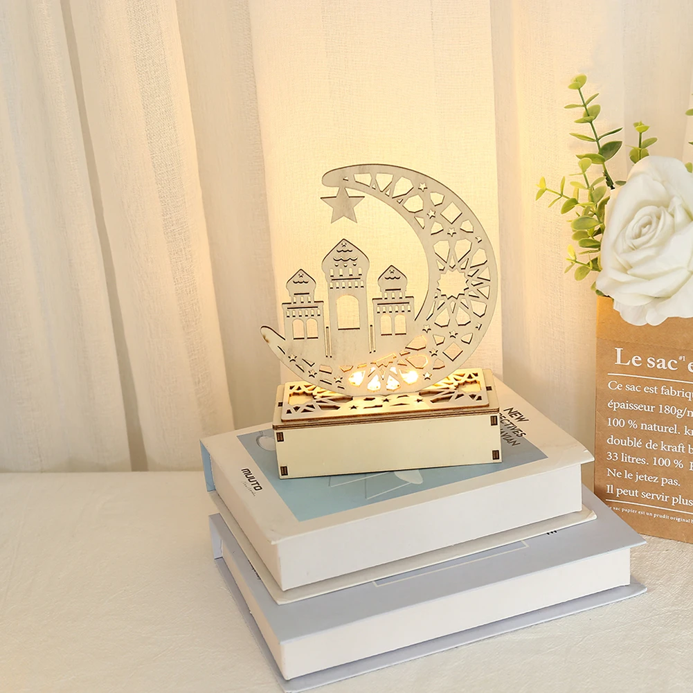 

Wooden Hollow Moon Letter LED Lights Desktop Eid Mubarak Muslim Islam Ramadan Festival Adornment Eid Mubarak Festival Lamp