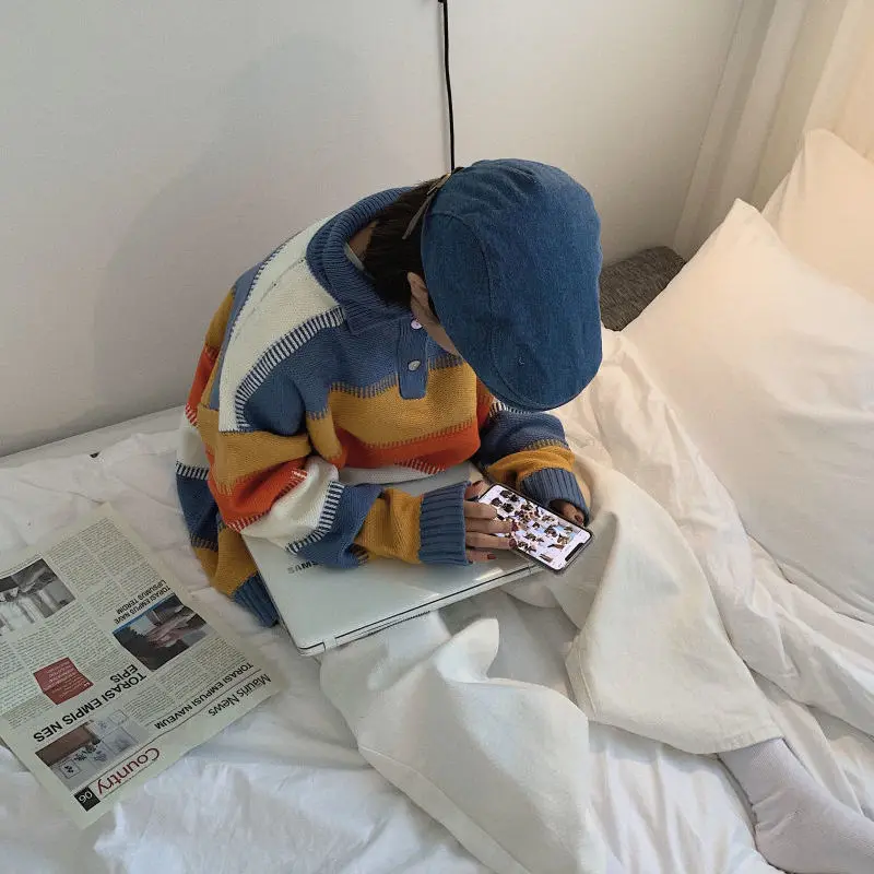 

Color Stitching Thickened Sweater Female Autumn Winter Loose Pullover Knitting Coat Woman Sweaters Femme Chandails Pull Hiver