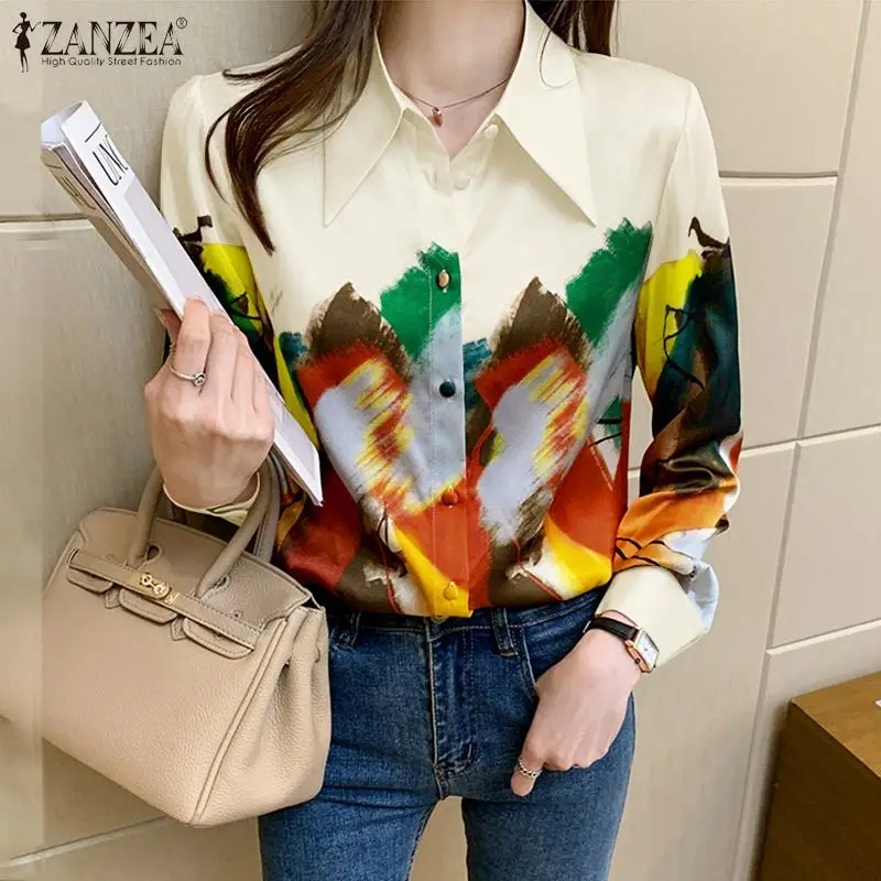 

Женская блузка с длинным рукавом, отложным воротником и принтом