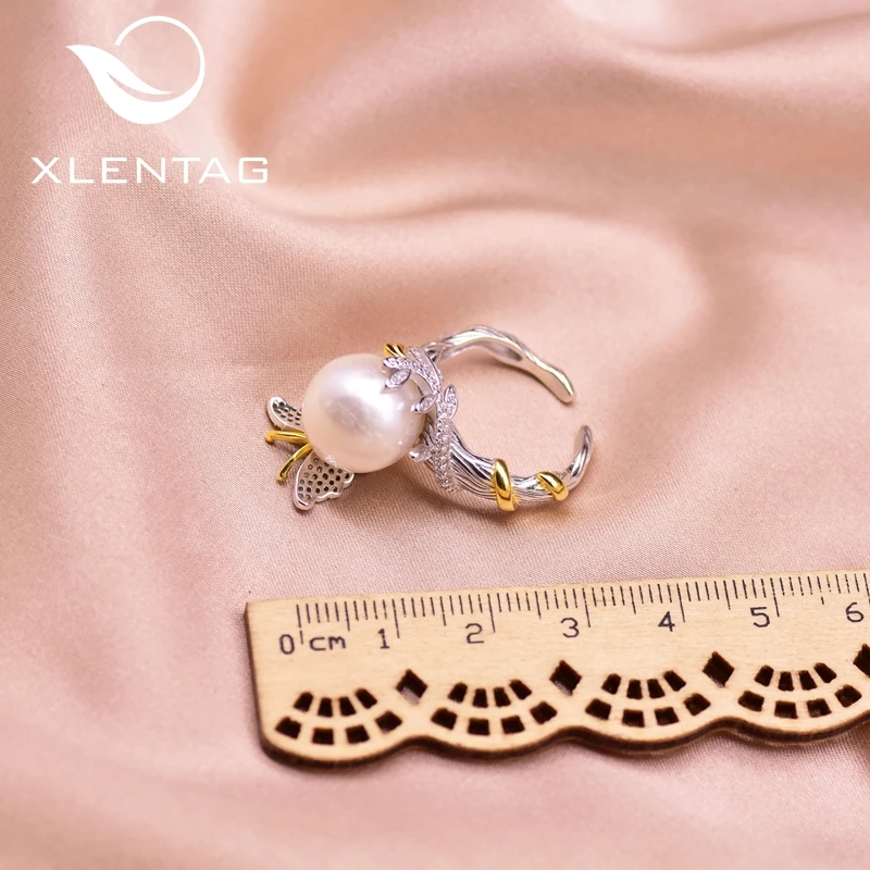 

XlentAg Custom Natural Round Pearl Open Butterfly Ring For Women Engagement Party Gift Luxury Jewlery 925 Sterling Silver GR0258