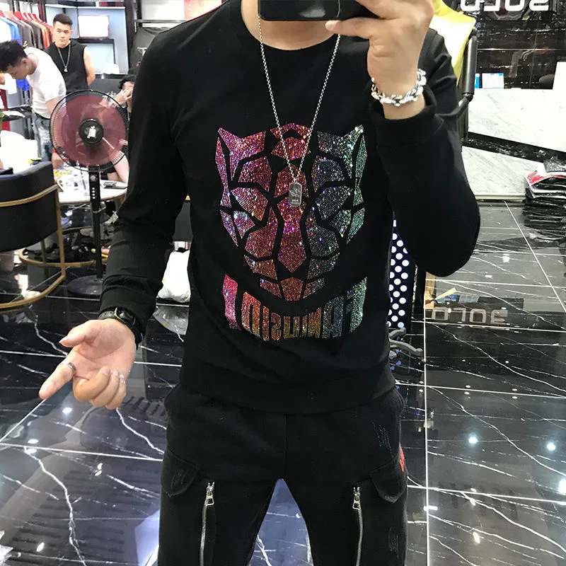 Зима 2021 Мужская толстовка Стразы с черепом блестящая бриллиантами хлопковая
