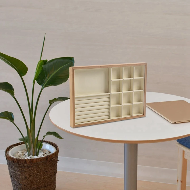 

1 Pcs Bamboo Wood Jewelry Display Jewellery Tray Ring Holder & 1 Pcs Ring Display Holder Pendant Earrings Display Stand