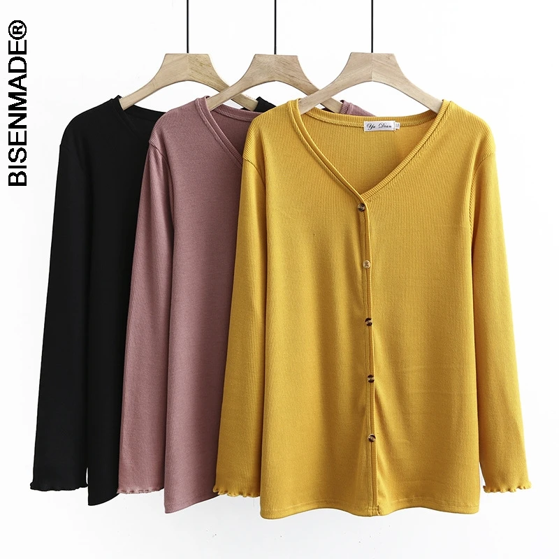 

Женская одежда, футболки, модель 2021 года, Весенние футболки, повседневные однотонные Топы с длинным рукавом, V-образным вырезом и 5 пуговицам...