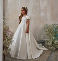 ivory satin flower girls dresses with bow sash first communion dress for little kids party birthday dress pageant gown