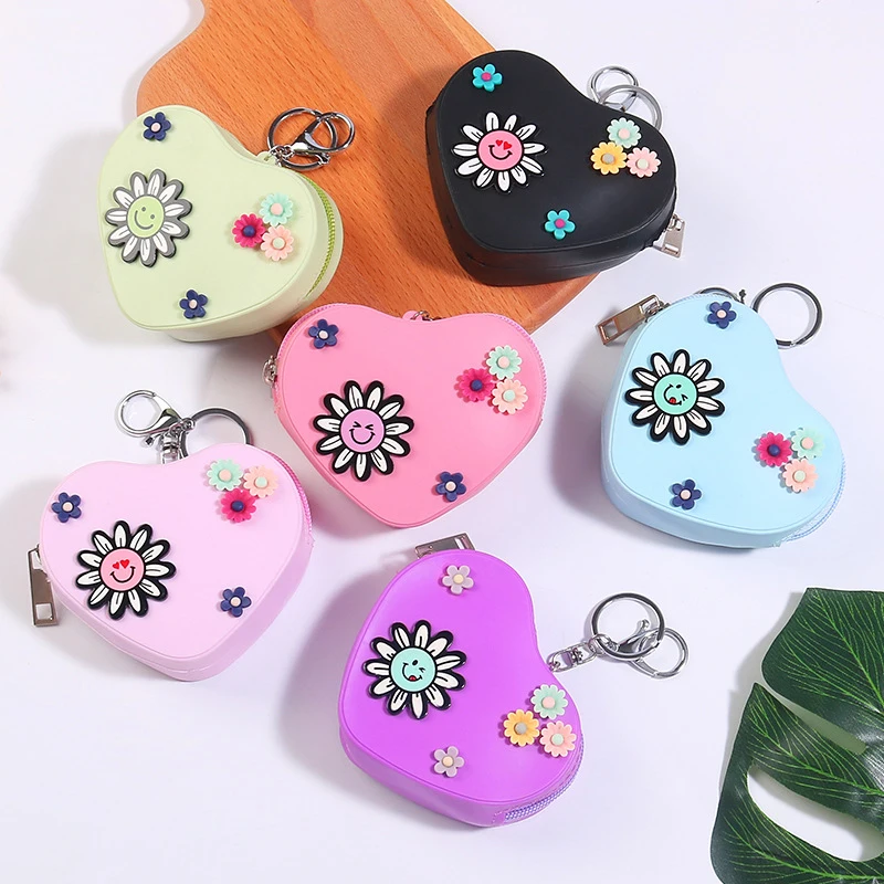 

100PCS / LOT Portable Silica Gel Coin Purse Cute Coin Bag Cute Candy Color Wallets Sunflower Heart Shape Wallet Change Purse