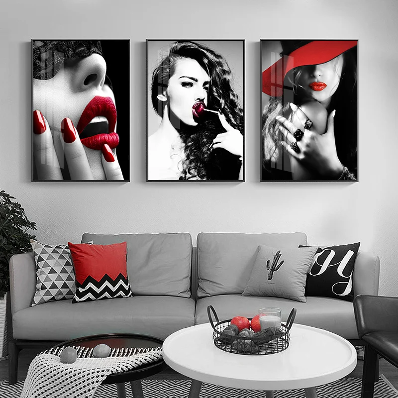 

Modern Fashion Girl Red Lips Nail Sexy Women Wall Art Canvas Painting Nordic Posters Prints Wall Pictures For Living Room Decor