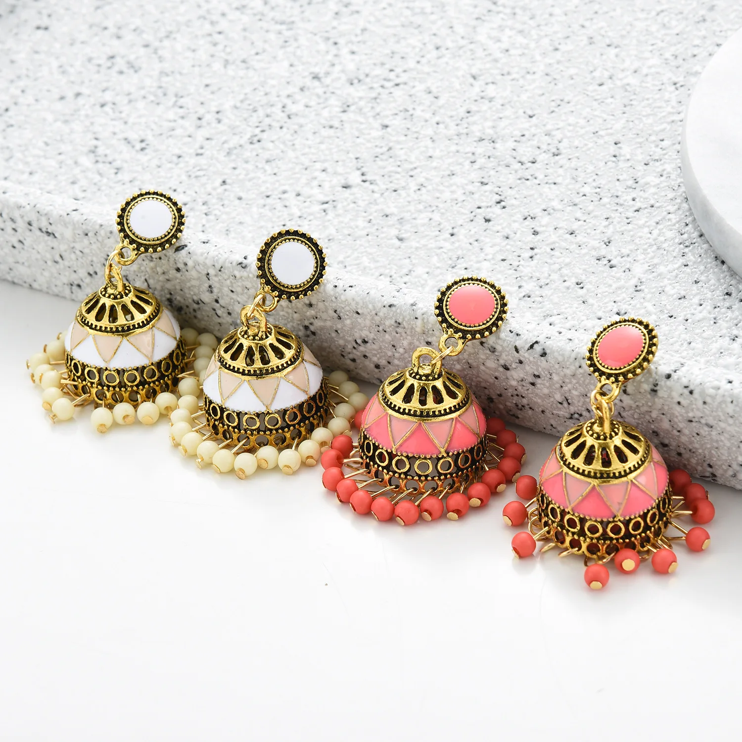 Vintage Colorful Beads Tassel Indian Jhumka Earrings For Women Ethnic Boho Gold Alloy Bollywood Oxidized Bell Dangle | Украшения и