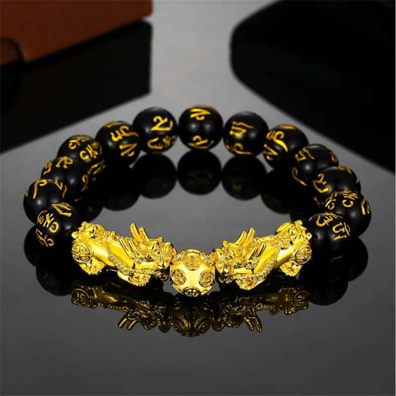 

Stone Beads Bracelet Men Women Unisex Wristband Gold Black Pi xiu Wealth and Good Luck Buddha Bracelet