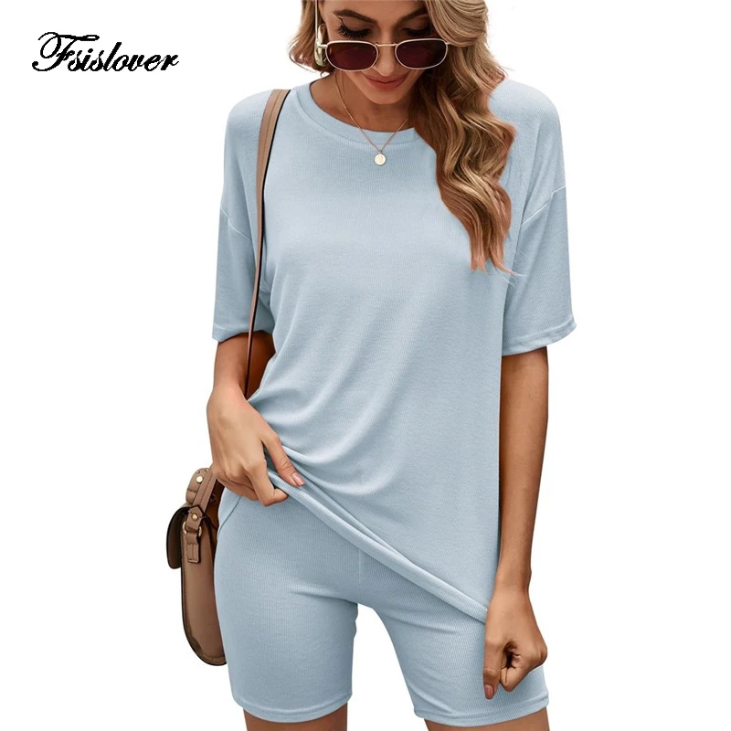 

Женский спортивный костюм с поясом, повседневный однотонный костюм из двух предметов, свободная футболка для дома, модный велосипедный лет...