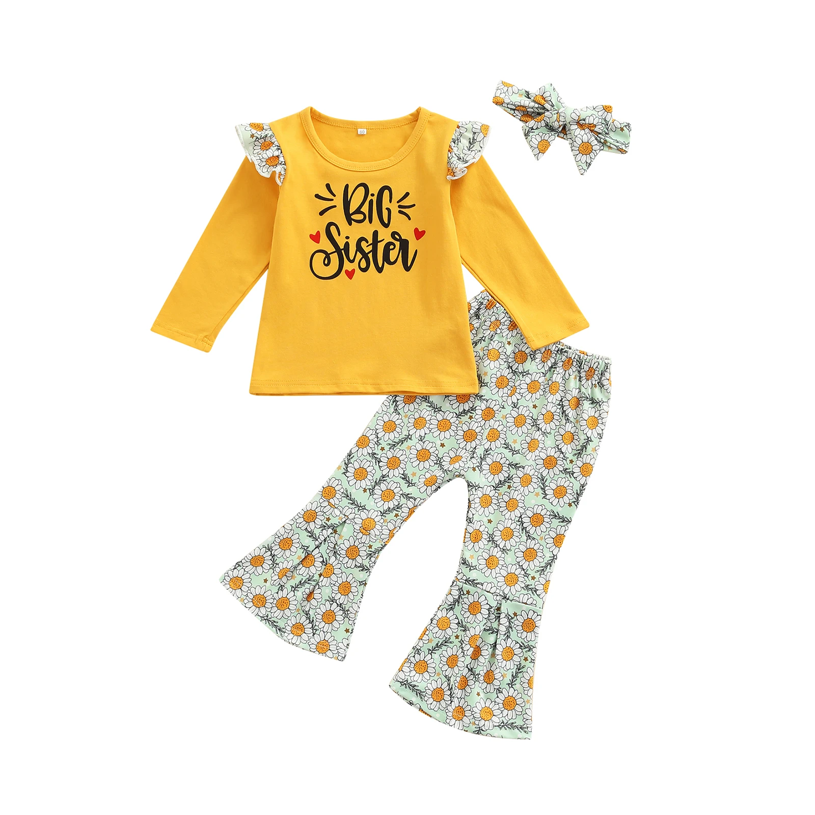 Lioraitiin Three Piece Girl’s Clothes Fashion Letter Long Sleeve Tops and Sunflower Flared Pants with Headband