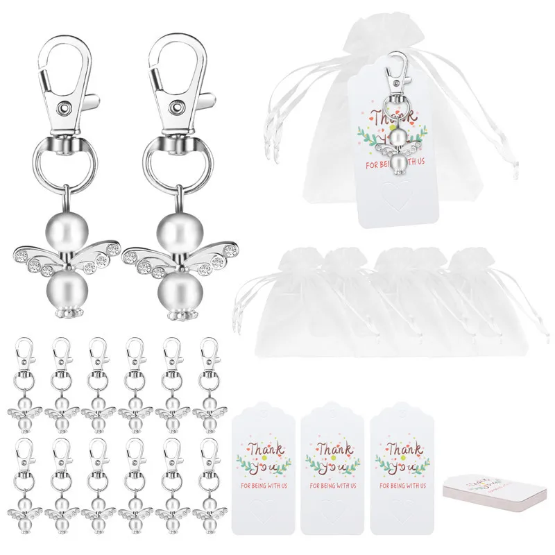 

20 Sets White Angel Keychain Christmas Gift Bag with Thank You Card Tag for Wedding Birthday Home Party Decoration Baby Shower