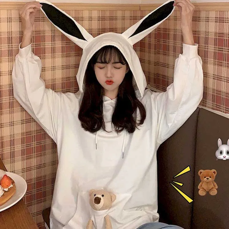 

Autumn Hooded Rabbit Ears Long-sleeved White Hoodies Women's Autumn Korean Version Of The Cute Bear Outer Wear Loose Lazy Top 20