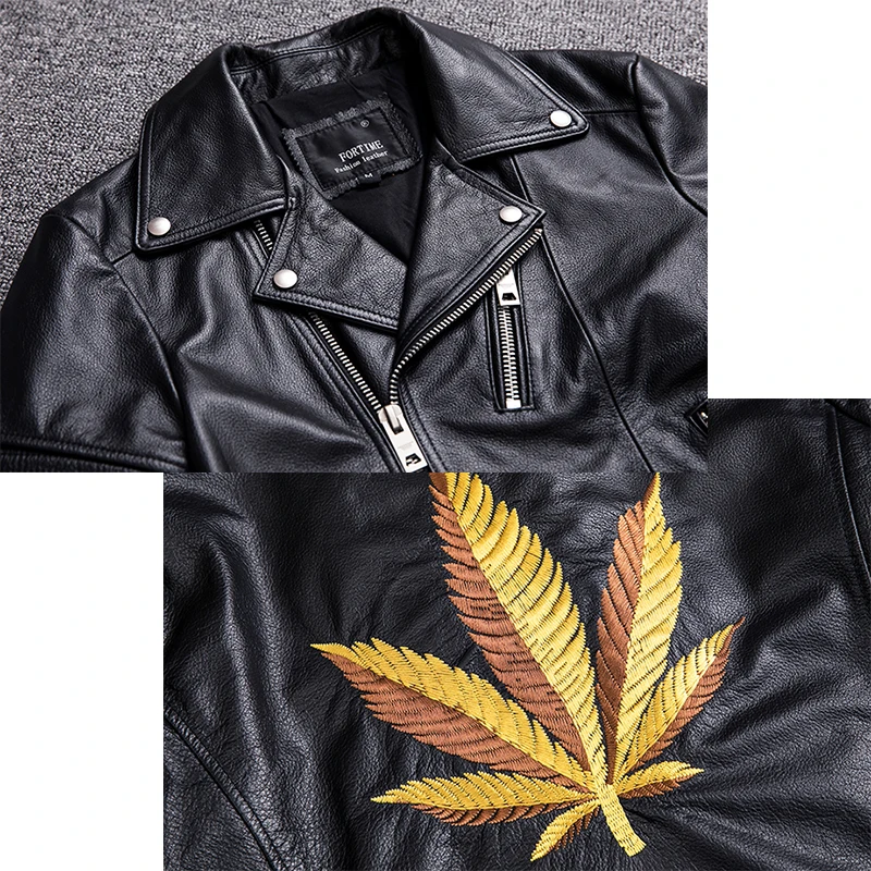 

Fashion Maple 2021 Leaf Embroidery Cowhide Genuine Leather Jacket Men Short Slim Fit Lapel Motorcycle Biker Leather Coat