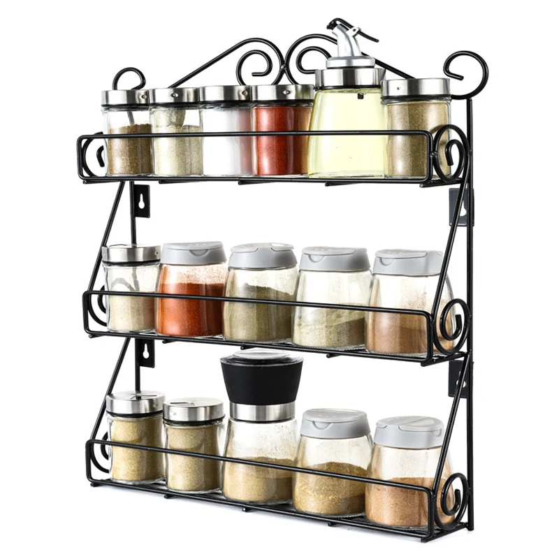 

3 Tier Wall Mounted Spice Rack Herb Jars Bottle Holder Storage Organizer Free Standing Wire Shelf for Kitchen Pantry Cabinet