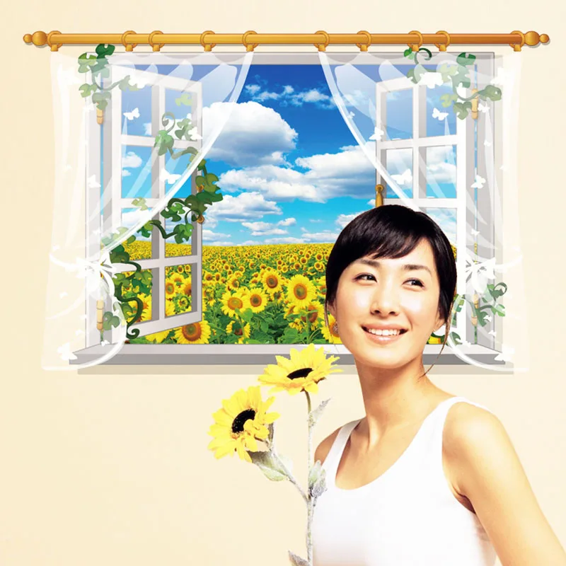 3D наклейки на окна подсолнуха 90x60 см Наклейки стены Подсолнухи пейзаж домашний