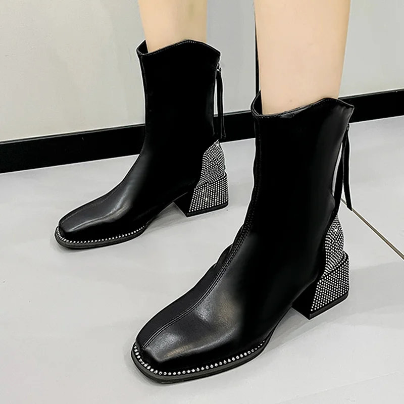

Женские ботинки Новинка Осень 2021 женские блестящие полусапожки стразы на высоком каблуке элегантные женские повседневные ботинки с круглы...