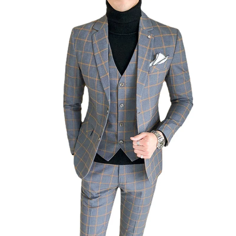 

Men Dress Suits British 3Piece Men Wedding Suit New 2021 Autumn Mens Business Formal Plaid Suit Men Luxury Slim Fit Dress