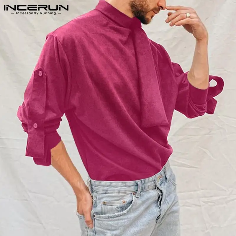 

INCERUN 2022 Мужская футболка на шнуровке с высоким воротником уличная одежда с длинным рукавом на пуговицах рубашки из искусственной замши Осен...