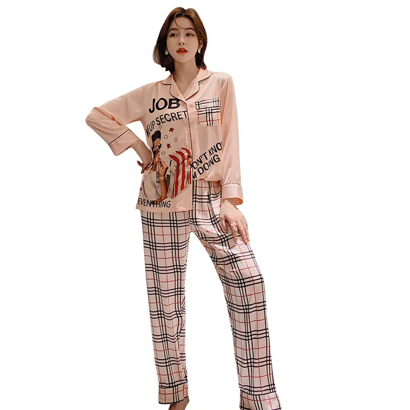 

Ladies Ice Silk Pajamas Autumn Long-sleeved European and American Retro Girl Silk Home Service Suit Pijama Invierno Mujer 2020