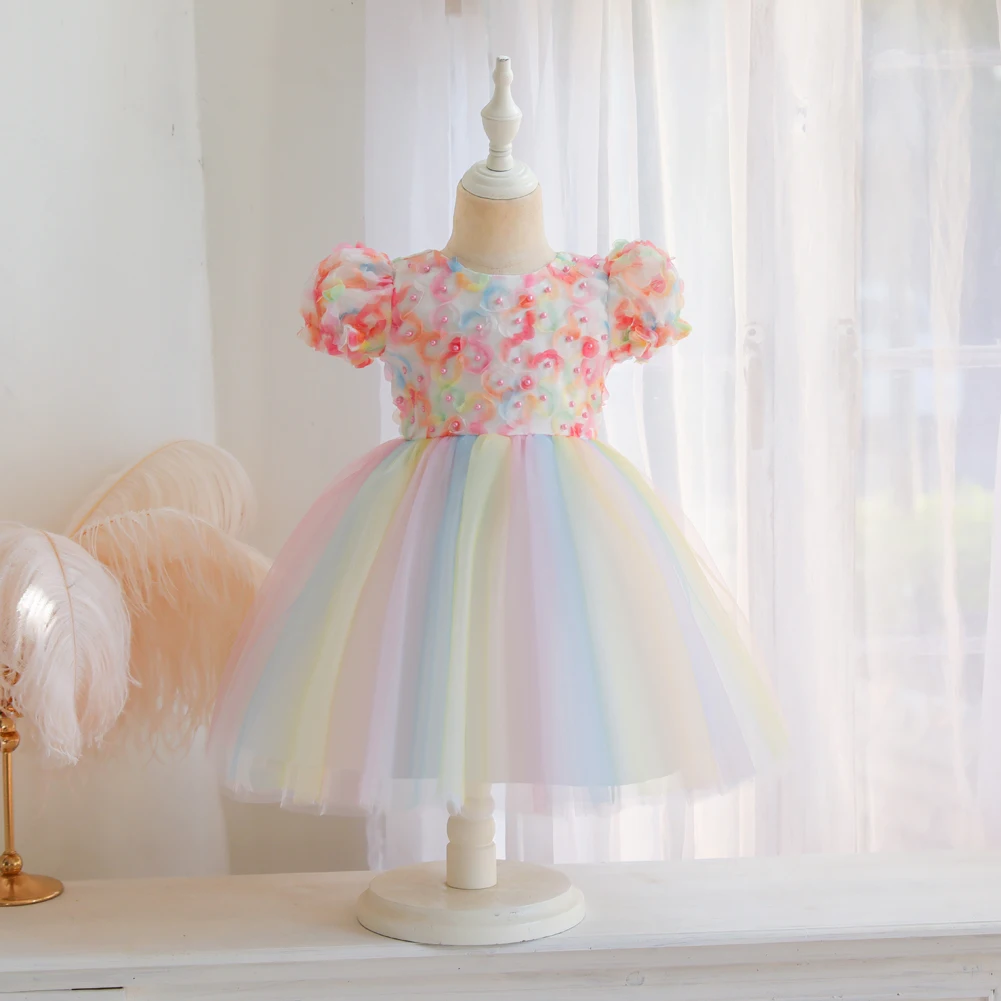 

0-4Y Princess Kids Baby Girl's Dress Colorful Puff Sleeve Flower Back Zipper Dress for Holiday Birthday Party Photography
