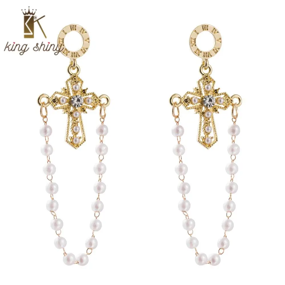

Elegant Simulated Pearl Cross Statemen Dangle Earrings Baroque Luxury Gold Color Long Chain Bridal Wedding Party Dangle Earrings