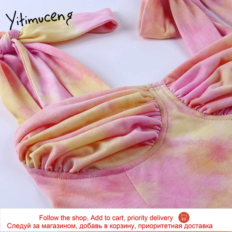 

Yitimuceng Crop Tops Women Summer 2021 Stretch Fitted Tank Top Sexy Ladies Tops Lambswool Stretchy New Tie Dye Spliced Tube Top