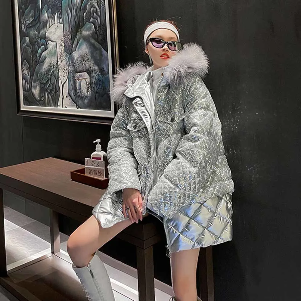 

2021 зимняя одежда, женские пуховые пальто из хлопка, плотная модная теплая верхняя одежда с блестками и прострочкой, Женская куртка средней д...