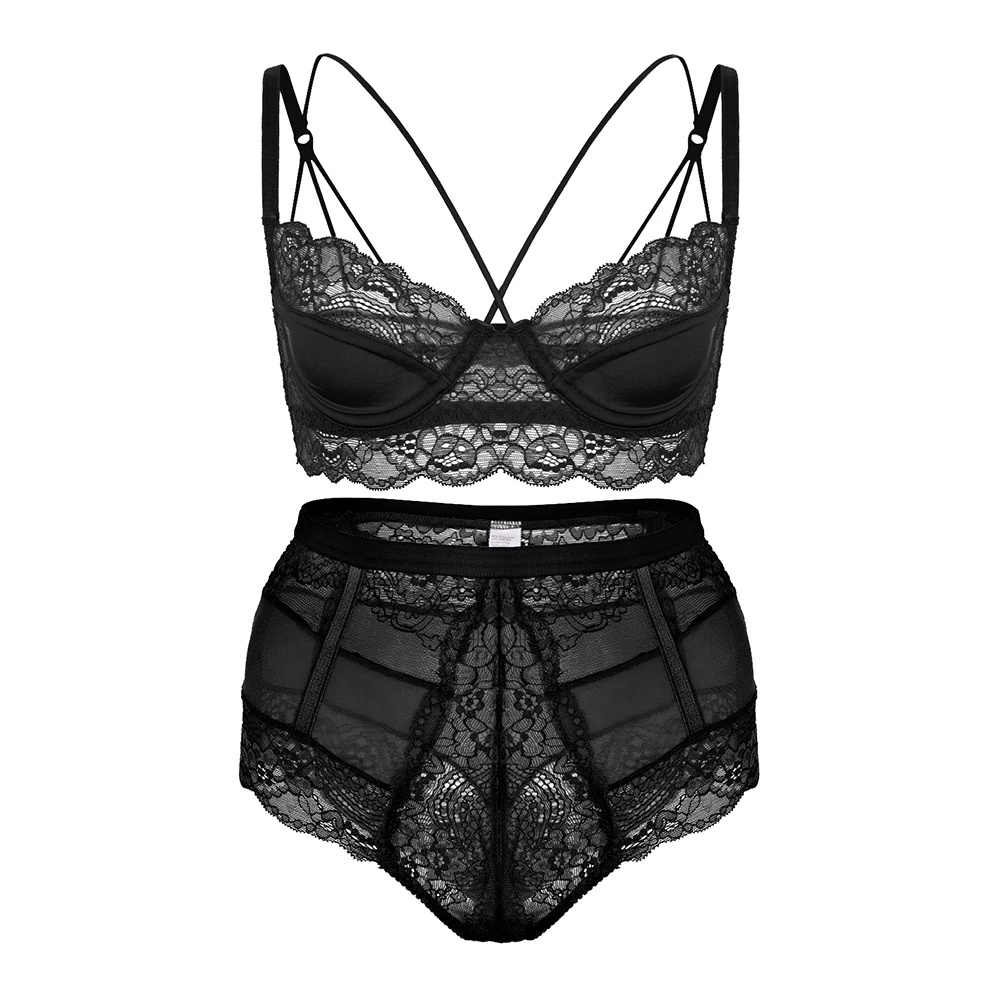 

Varsmiss Sexy Bra Set Lace Underwear Set Cross shoulder straps Underwire Bra Soft High Waist Panties Bra Set For Women