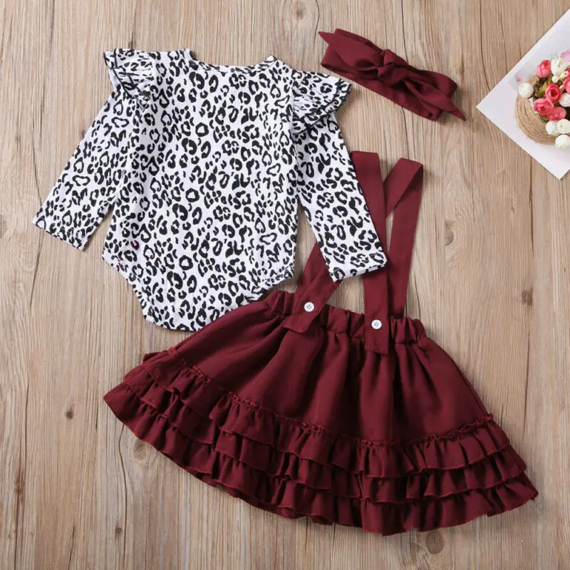 

2019 New Infant Kids Baby Girl Clothes Leopard Tops Romper+Bib Tutu Dress Headband Outfit 2PCS