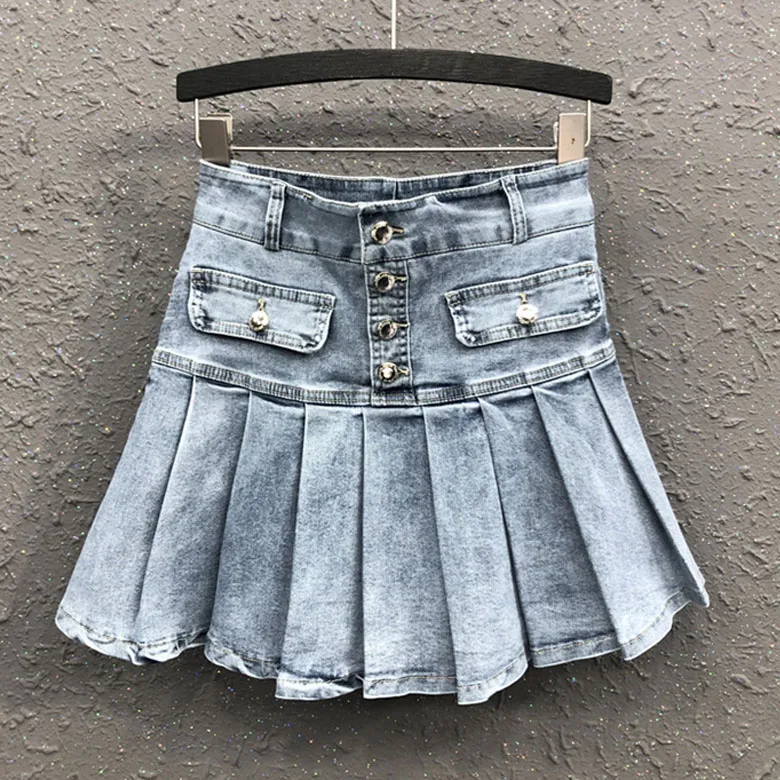 

2021 Summer Fashion Korean Women Ladies High Waisted Pleated Mini Denim Skirt , Woman Spring Casual Jeans Skirts